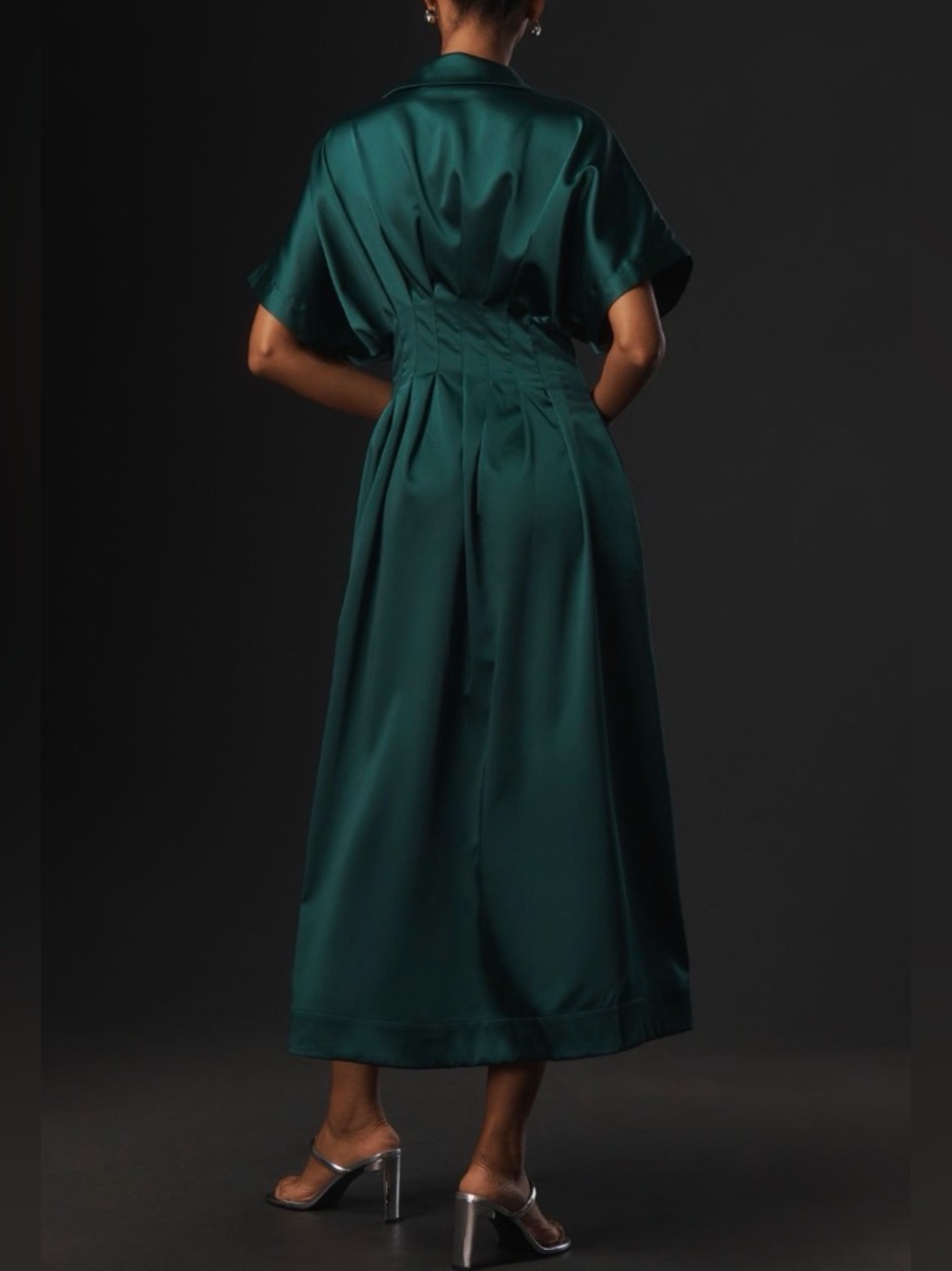 Anthropologie The Tobie Emerald Green Satin Maxi Shirt Dress by Exquise, Size LP - Picture 5 of 14